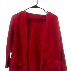 Classic Red Knit Open Front Cardigan  Looped Pocket Detail Timeless Style Size M